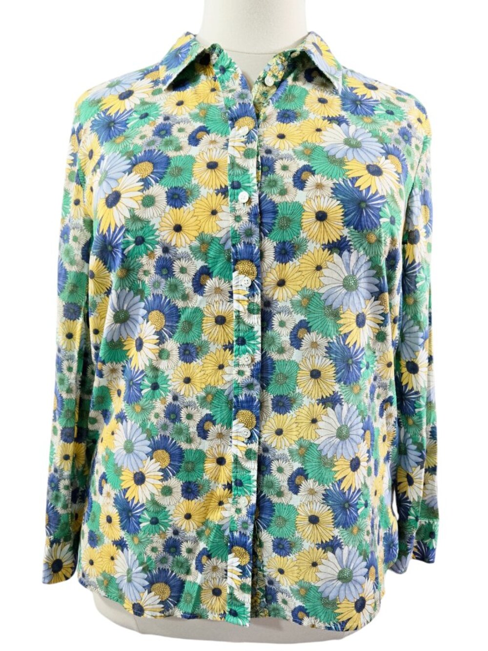 Talbots 100% Cotton Blue Green Yellow Floral Daisy Button-Up Shirt Bloomcore